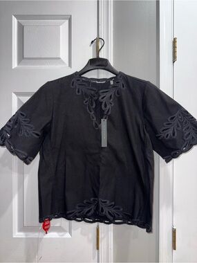 Elie Tahari Black Embroidered Short-Sleeve Blouse